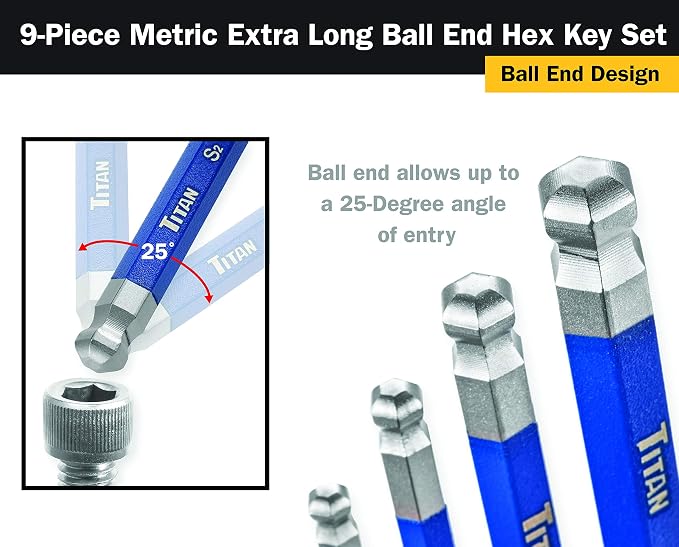 Titan 12714 9-Piece Extra-Long Arm Ball Tip Metric Hex Key Set