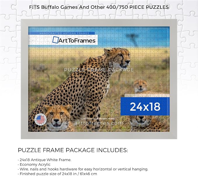 ArtToFrames Puzzle Frame for Buffalo Games 400, 750 Piece Jigsaw Puzzles, 24x18 Inch (61x46 cm), Antique White Engineered Wood with Economy Acrylic, Ready to Hang Puzzle Display