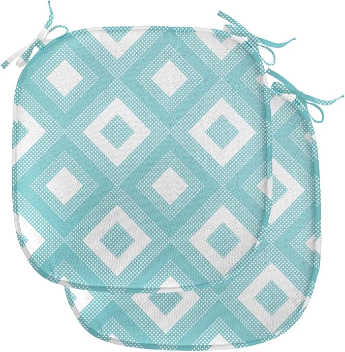 Lunarable Geometric Chair Seating Cushion Set of 2, Nested Diagonal Squares with Tiny Polka Dots Symmetric Repetition, Anti-Slip Seat Padding for Kitchen & Patio, 16"x16", White and Pale Teal