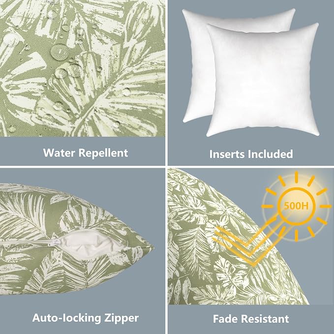 LVTXIII 2 Pack Outdoor Pillows 18x18 Inch, Square Throw Pillows with Inserts, Decorative Water-Repellent Pillow Cushions for Patio Furniture and Garden Sofa, Tropical Leaf Green