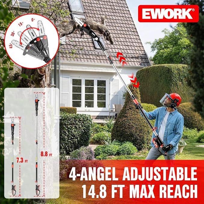 EWORK Electric Pole Saws for Tree Trimming 20V 8-Inch Cordless Pole Chainsaw, Extension to 14.8-Ft, 4-Angle Adjustable Head, Tool-Free Tensioning with 2x2.0Ah Battery & Fast Charger