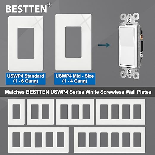 BESTTEN 60 Pack Single Pole Decorator Wall Light Switch with Wallplate, 15A 120/277V, On/Off Rocker Paddle Interrupter, UL Listed, White
