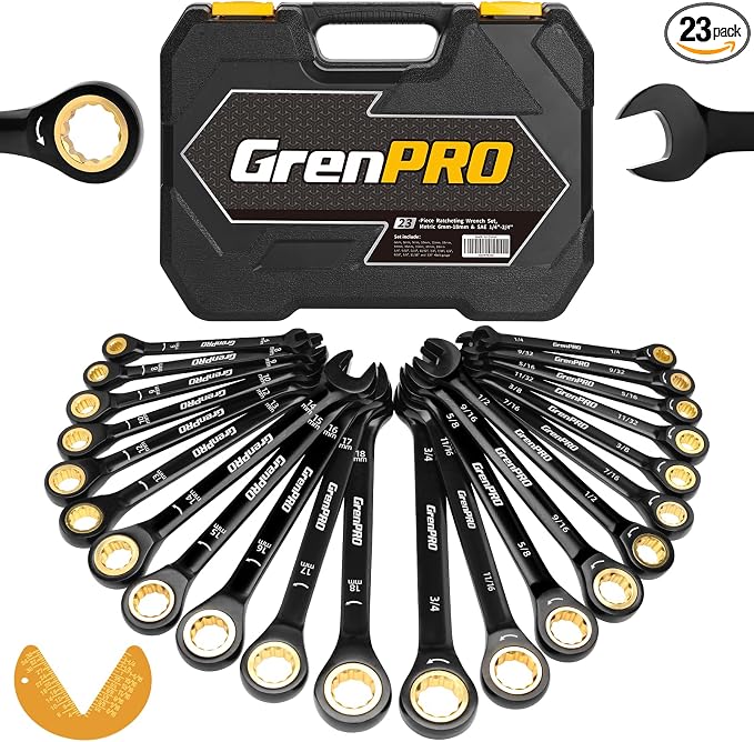 GRENPRO 23PCS Ratcheting Combination Wrench Set SAE Metric Mechanic Tools | 1/4"-3/4"&6-18MM Bolt Gauge, Electro-Coated CR-V 72-Tooth 5Deg Swing 12Pt Corrosion Resistant, Roll Pouch Auto&HomeRepair