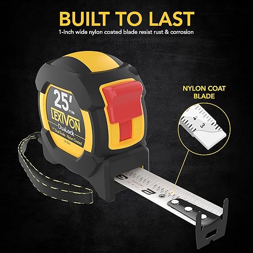 LEXIVON [2-Pack] 25Ft/7.5m DuaLock Tape Measure | 1-Inch Wide Blade with Nylon Coating, Matt Finish White & Yellow Dual Sided Rule Print | Ft/Inch/Fractions/Metric (LX-202)