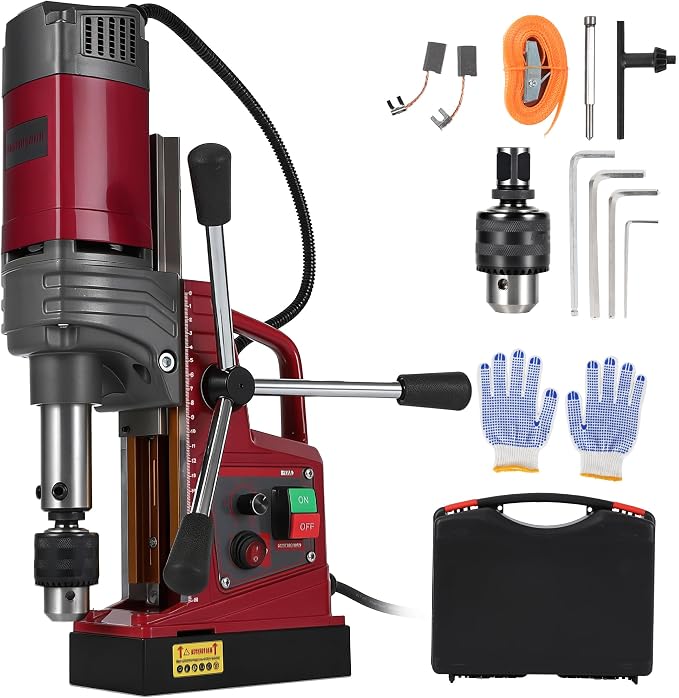 1.57 Inch Magnetic Drill Press, 210mm Max Stroke, 13000N Magnetic Force, 1550W 820RPM Portable Electric Mag Drill Machine for Metal Drilling, Industrial Grade with Drill Chucks & Annular Cutters Kit
