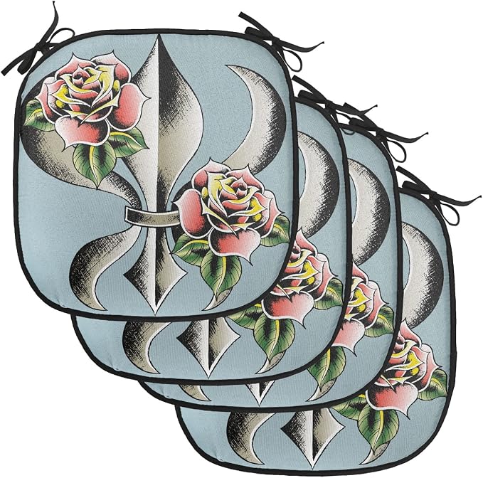 Lunarable Fleur De Lis Chair Cushion Pads Set of 4, Fleur-de-Lis Design with Roses Love Power Ornamental Art, Anti-Slip Seat Padding for Kitchen & Patio, 16"x16", Blue Grey Multicolor