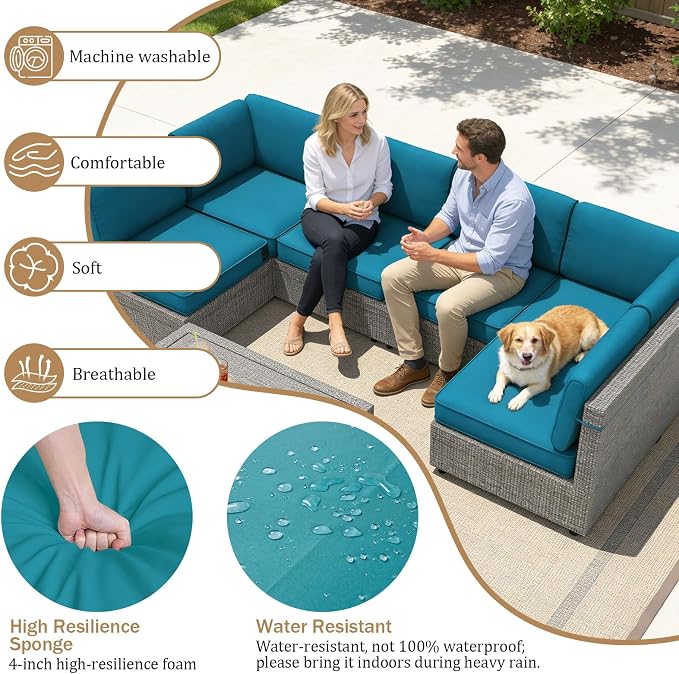 14 Piece Outdoor Furniture Replacement Cushions, Cover+Filling, 25.6" x 25.6" x 4" Foam Waterproof Outdoor Sofa Cushion Sets, Fit Wicker Rattan Sectional Conversation Set,Teal