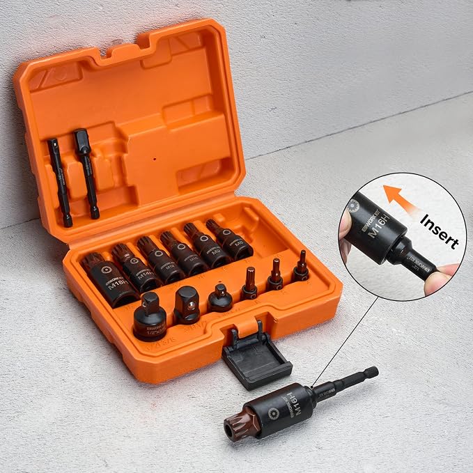 16-Piece Torx Bit Socket Set - Premium S2 Steel European Style M4-M18 with Socket Adapters, Star Bit Socket Set 1/4”, 3/8” and 1/2” Drive and 3 Adapter Professional Mechanic Garage Tools