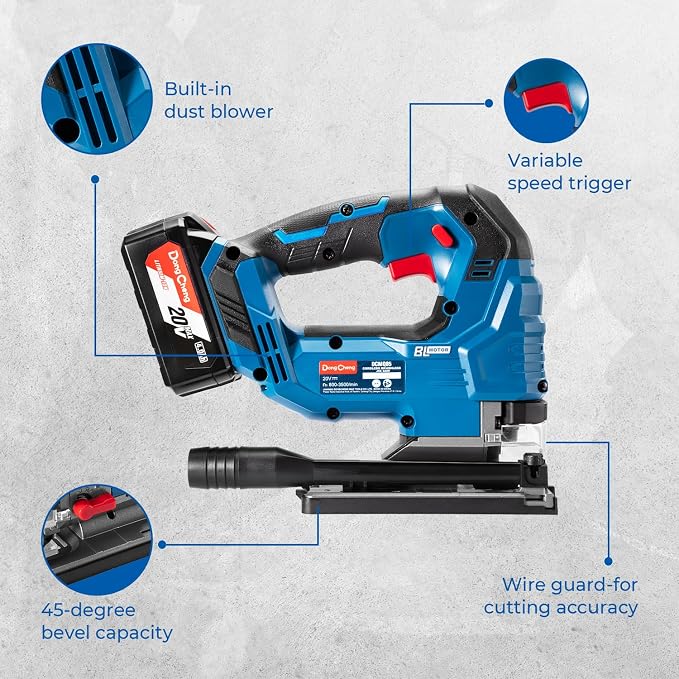 (Battery & Charger Not Included) Dong Cheng 20V Brushless Jigsaw, 26mm Stroke, 800-3500 SPM, 0-45° Bevel, 6-Speed, Orbital Action, Dual LED, Dust Blower