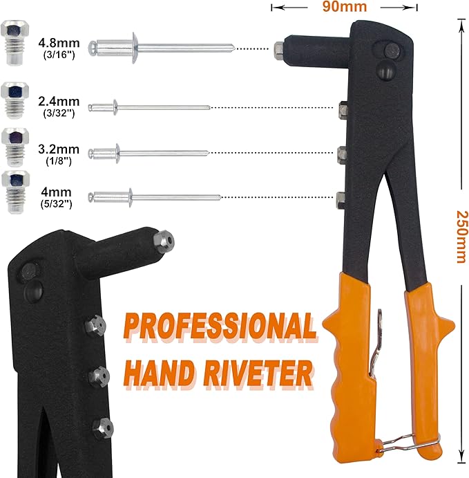 ISPINNER 225pcs Aluminum Blind Rivets Assortment Kit with Heavy Duty Hand Riveter Rivet Gun Tool, 6 Sizes Pop Rivets