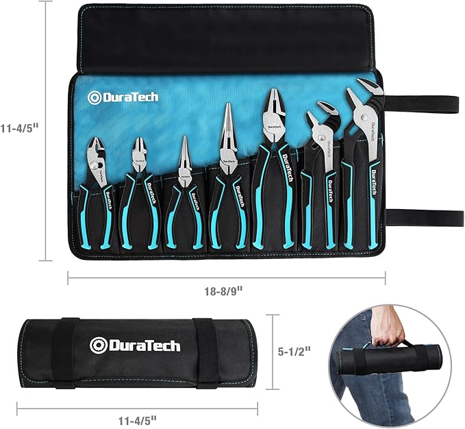 DURATECH 7-Piece Pliers Set with Rolling Pouch,Cr-Ni Construction | 10" & 8" Groove Joint, 8" & 6" Long Nose, 8" Linesman, 6" Slip Joint & Diagonal Pliers