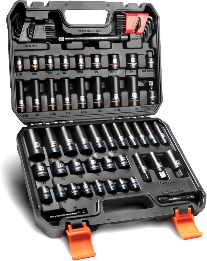 LLNDEI 3/8" Drive 12-Point Socket Set 71Pcs SAE/Metric CR-V | Deep/Shallow 5/16-3/4" & 8-22mm, 12-Pt fits 6-Pt, Adapter & Hex Keys, for Auto, Precision Machinery & Industrial