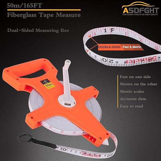 Open Reel Tape Measure 165 Feet, Fiberglass Tape Measure, Yard Measuring Tape Fit for Sports Field, Outdoor, Engineer,Track, Durable Dual-Sided Measuring Reel with Feet and Meters (1/2')