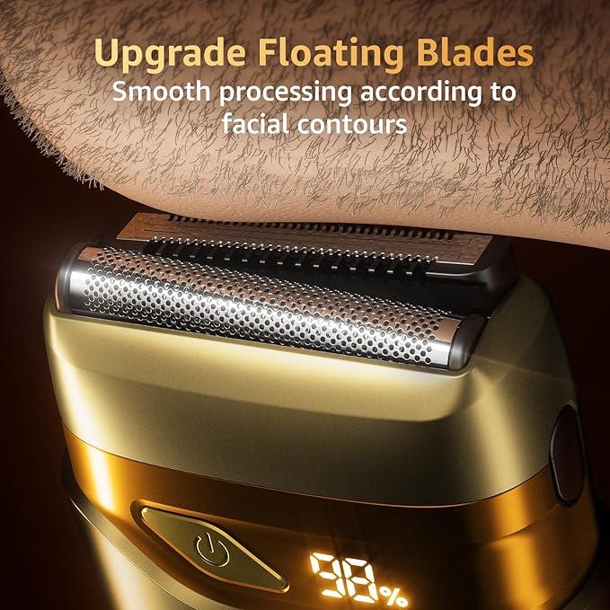 Electric Foil Shavers for Men, Mini Electric Razor, Compact Face Shaver, IPX7 Waterproof Wet Dry Cordless Razor, LED Display, USB-C, Travel-Friendly, Light Gold，Father's Day Gifts