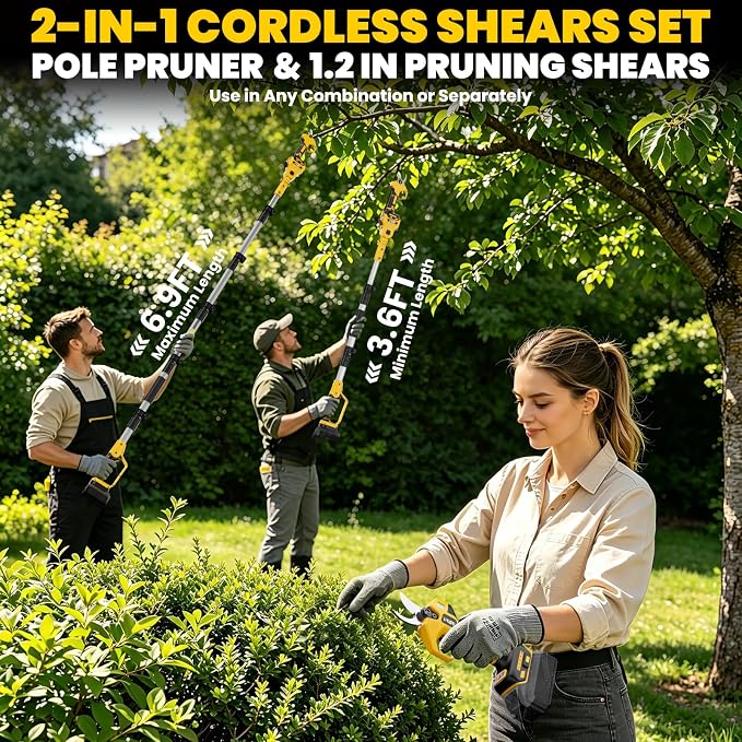 2-In-1 Electric Pruning Shears Set Compatible with Dewalt 20V Battery, 6.9FT Adjustable Pole Pruner with 1.2" Cut Brushless Electric Branch Cutter for Gardening & Tree Trimmer (No Battery)