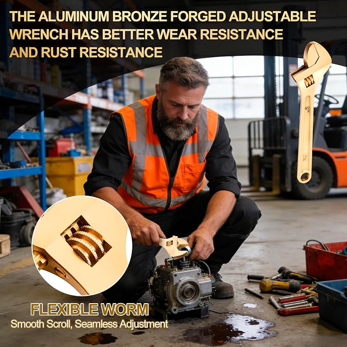 Hicarer 8 Inch Non-Sparking Adjustable Wrench, Aluminum Bronze Tool | Non-Magnetic, Oil & Gas Industry, Chemical Facilities, Hazardous Environments, Industrial Safety Applications