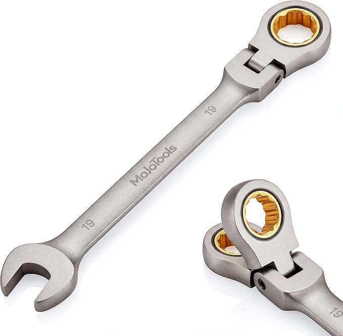19mm Flex-Head Ratcheting Combination Wrench, Metric Standard, 72-Tooth 12-Point Ratchet Box End & Open-End Spanner, CR-V Steel, Nickel-Plated for Durability