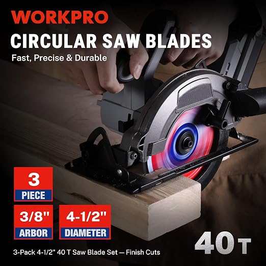 WORKPRO 4-1/2 Inch Woodworking Circular Saw Blade, 40T General Purpose Wood Cutting, Thin Kerf, Carbide Tipped, ATB Tooth, 3-Pack