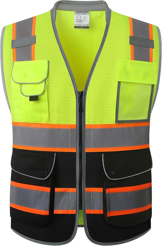 JKSafety 9 Pockets Class 2 Hi-Vis Safety Vest High Visibility Reflecitive Mesh Safety Vests for Men and Women Cushioned Collar Work Utility PPE Work Gear ANSI/ISEA compliant (101-YBlack XXL)