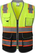 JKSafety 9 Pockets Class 2 Hi-Vis Safety Vest High Visibility Reflecitive Mesh Safety Vests for Men and Women Cushioned Collar Work Utility PPE Work Gear ANSI/ISEA compliant (101-YBlack L)