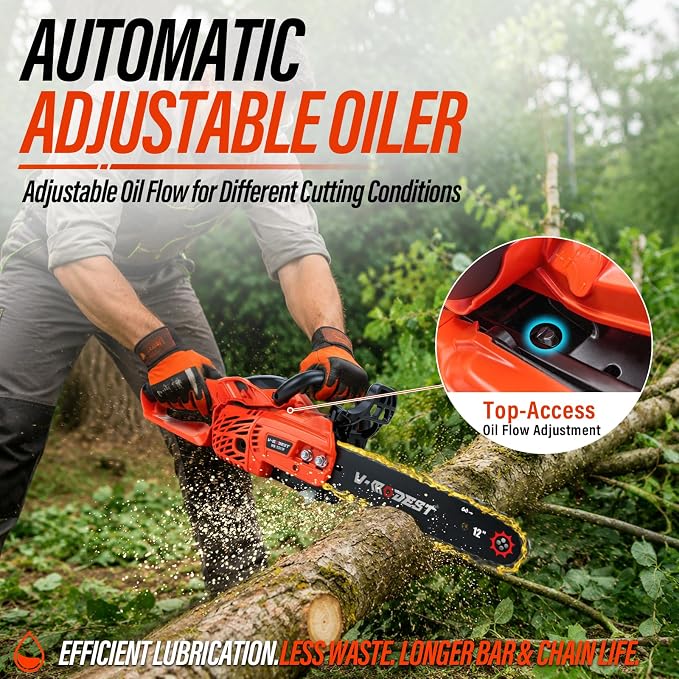 12 inch Gas Chainsaw, 25cc Lightweight Rear Handle Chainsaw | 2-stroke small gas chainsaw with auto oiler and side-access tensioner for tree pruning, branch trimming and yard cleanup