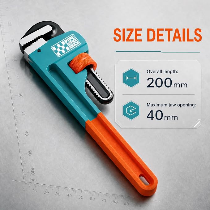 Heavy Duty Pipe Wrench, 8" Adjustable Straight Plumbing Wrench, High Drop-Forged jaws, Professional Pipeline Tool for Water Pipe Fittings, Mechanical assembly, Workshop Operations