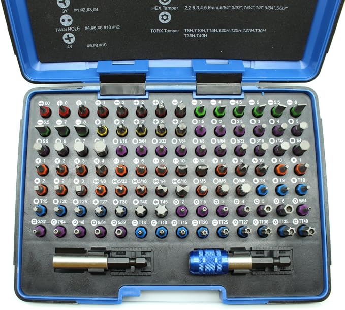 TEMO 100 Piece Color Coded Impact Ready Security Bits Screwdriver Set Kit with 2 Quick Chucks
