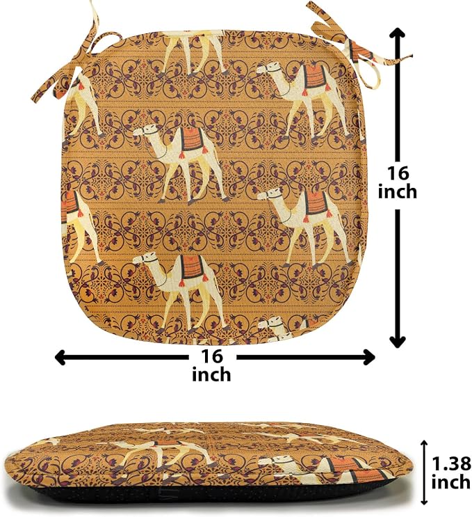 Lunarable Camel Chair Seating Cushion Set of 6, Traditional Pattern with Strokes Desert Animal Repetition in Folk Accessories, Anti-Slip Seat Padding for Kitchen & Patio, 16"x16", Apricot and Cream