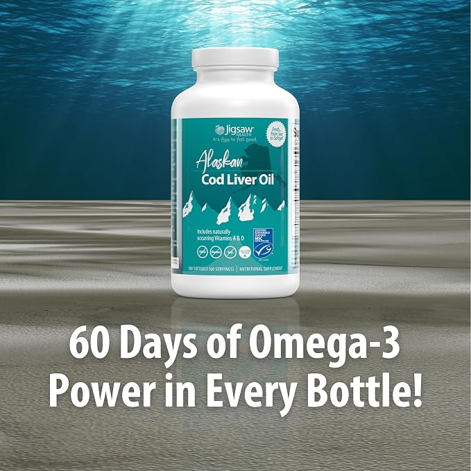 Jigsaw Health Alaskan Cod Liver Oil | 900 mg Omega-3s with EPA, DHA, and DPA | Includes Naturally Occuring Vitamins A & D | 180 Softgels | 60 Servings