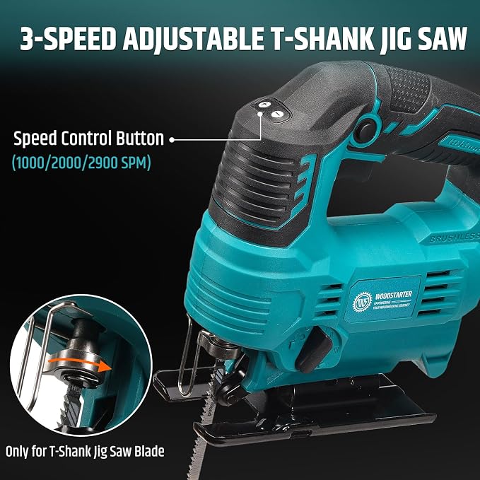 Cordless Jig Saw with Brushless Motor, 3 Adjustable Speed Settings, 45°-90° Cutting Angle, Compatible with T-Shaped Blades, Includes Dust Blowing Feature (Tool Only)