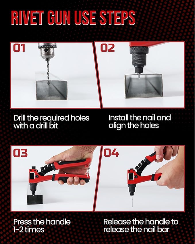 Anfrere Rivet Gun Kit, Manual Riveting Tool with 100 Rivets and 4 Interchangeable Heads, Professional 4-in-1 Pop-Up Hand Riveter, Storage Case