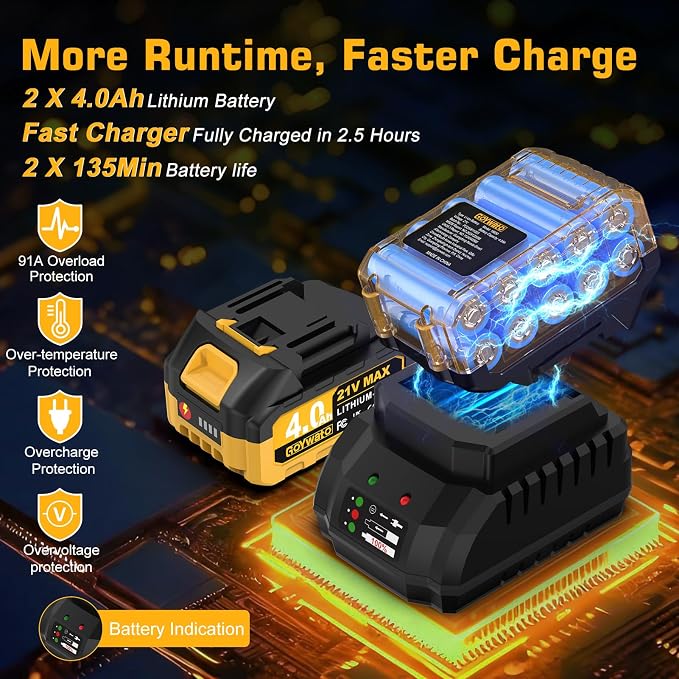 Cordless Hammer Drill 1239In·lbs - 21V Brushless Electric Power Impact Drill Set w/ 2 x 4.0Ah Battery & 1/2" Self-Locking Metal Chuck & 42PCs Accessory for Drilling Wood Bricks Metal Concrete