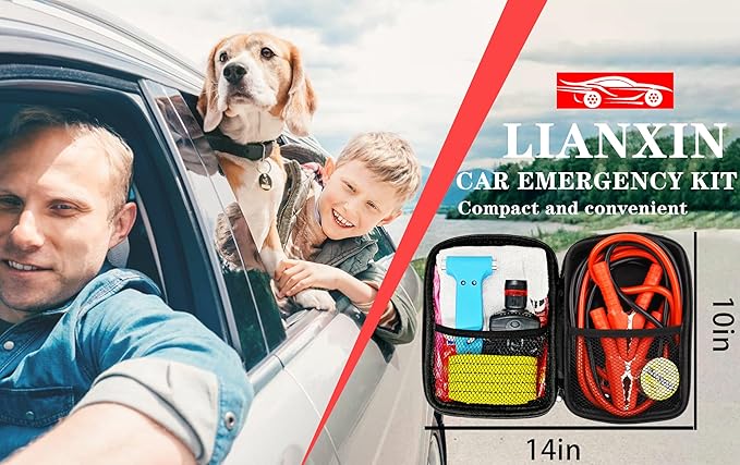 LIANXIN Car Emergency Roadside Tool Kit, Auto Emergency Kits Vehicles, with Jumper Cables kit，Car Safety Roadside Assistance Kit,Headlamp,Tow Straps,Safety Hammers,Rainwear,Gloves.Sky Blue