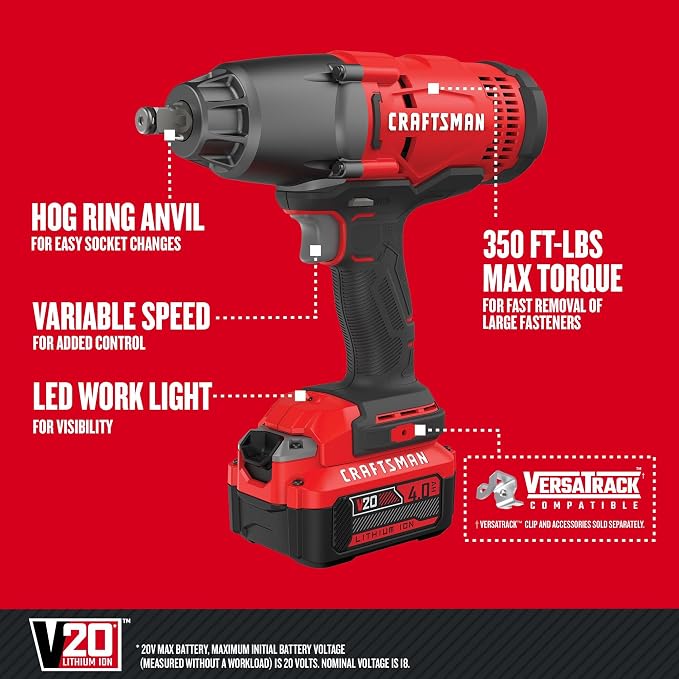 CRAFTSMAN V20 RP 1/2 inch Cordless Impact Wrench Kit, Brushless, 4Ah Battery and Charger Included (CMCF900M1)