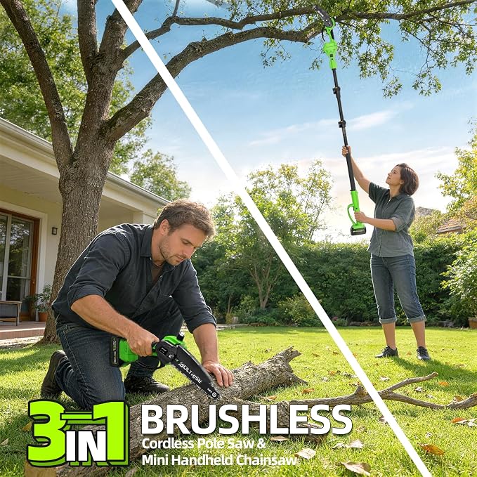 3-in-1 Electric Pole Saws for Tree Trimming, 8 Inch & 6 Inch Mini Chainsaw Cordless with 2x4.0 Ah Battery, Battery Powered Pole Chain Saw, 16 Ft Reach, Telescopic Chainsaw Tree Trimmer Branch Cutter