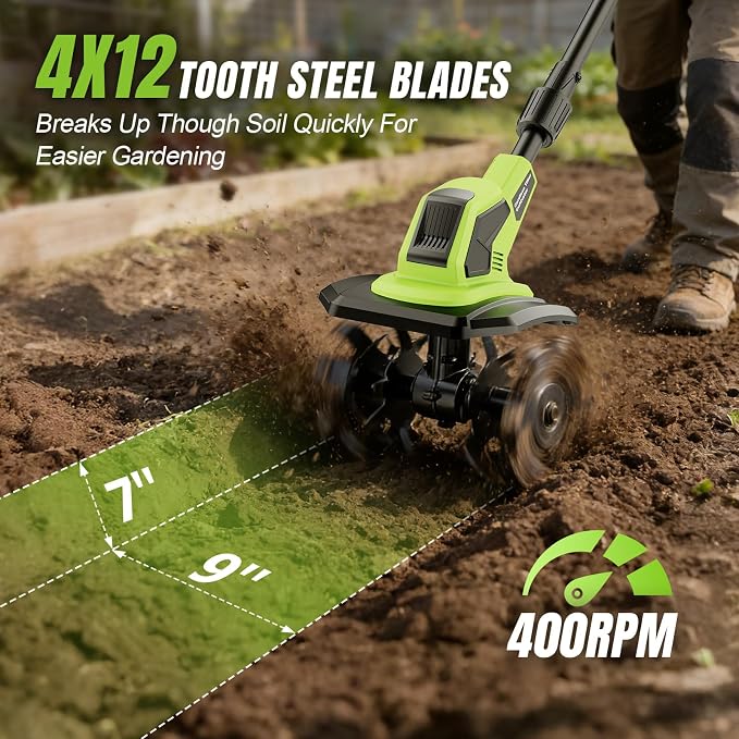 6000mAh Cordless Rototiller Tiller for Gardening,20v Battery Powered Electric Garden Tiller Cultivator,9" Width 7" Depth,Lightweight Small SoilTiller for Cultivating/Lawn/Garden Tool (Green)