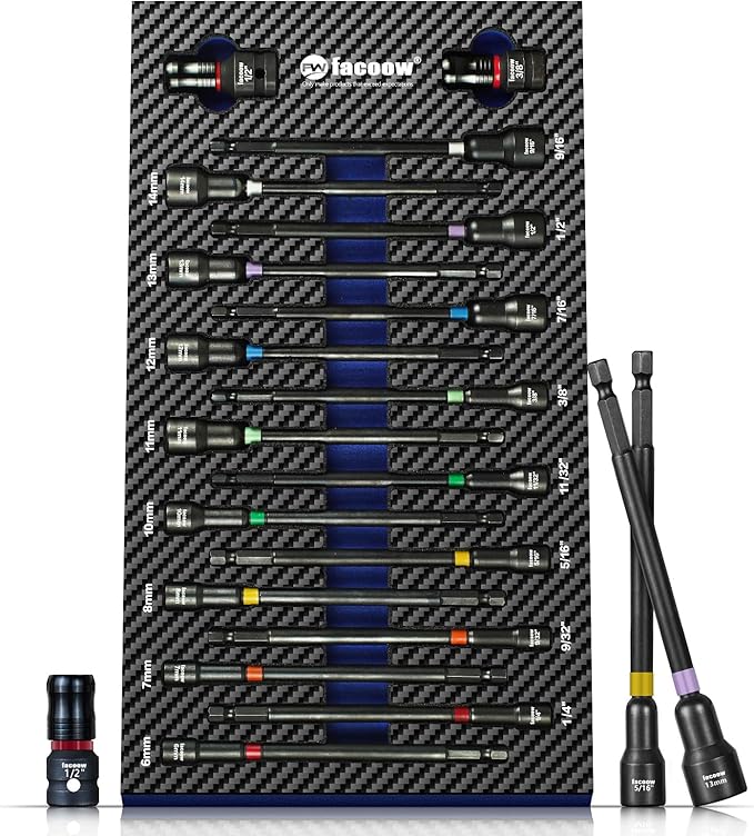 Facoow 6“ Impact Nut Drivers Set Magnetic, 18pcs Color Coded SAE & Metric Impact Nut Drivers, Extra Long Nut Drivers for Impact Drills, Impact Sockets Adapters (1/2" & 3/8") Impact Wrenches