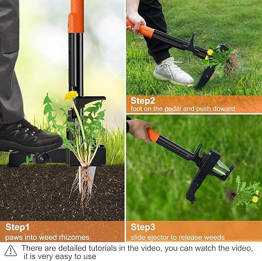 Weed Puller Tool Stand-Up - 40" Long Handle Weed Picker with Leaf Bag, 4 Claws Stainless Steel & Foldable Foot Board, Easy Weeding Removal, No Bending 101.6 cm
