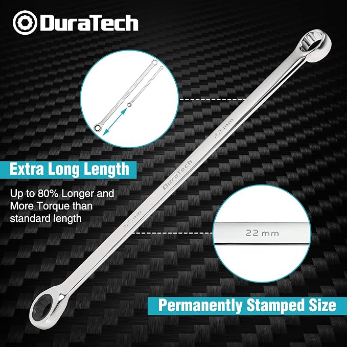 DURATECH Extra Long Ratcheting Wrench Set, Double Box End, Metric, 9-Piece | 8 mm-22 mm, CR-V, 72-Tooth, 5° swing arc, 12-Point, More Torque, for Narrow Spaces, with EVA Foam Organizer