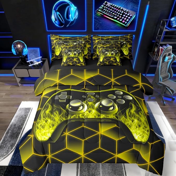 Gaming Consoles Comforter Set 7 Piece Bed in a Bag Twin,Neon Geometric Boys Bedding Set,3D Geometric Gamer Comforter and Sheet Set Yellow Flame Bed Set,Gamer Decor for Boys Bedroom