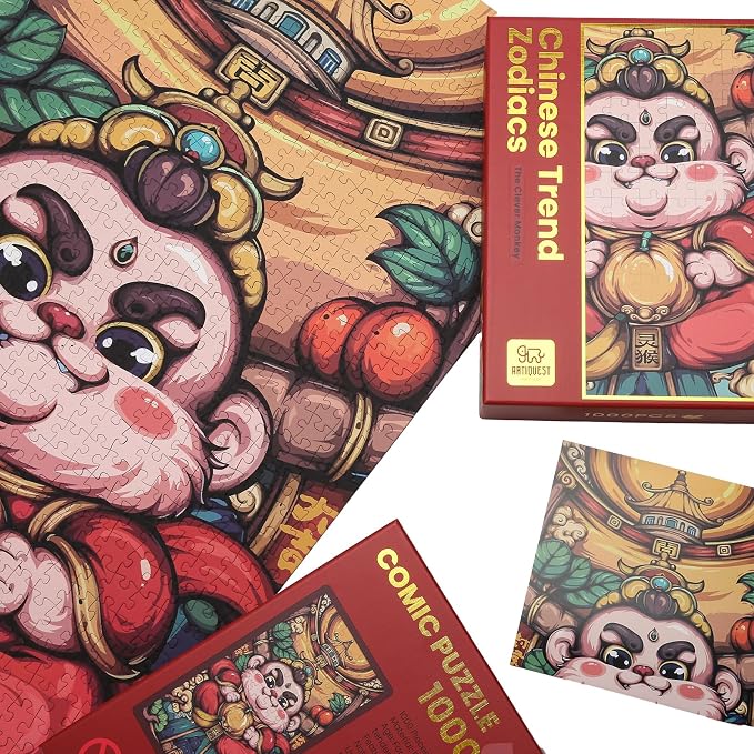 Jigsaw Puzzles for Adults 1000 Pieces, Chinese Zodiac Animals Clever, Playful, Innovative Monkey Jig Saw Puzzle Gifts for People Born in 1968, 1980, 1992, 2004, 2016, 31.5 * 17.72 Inch