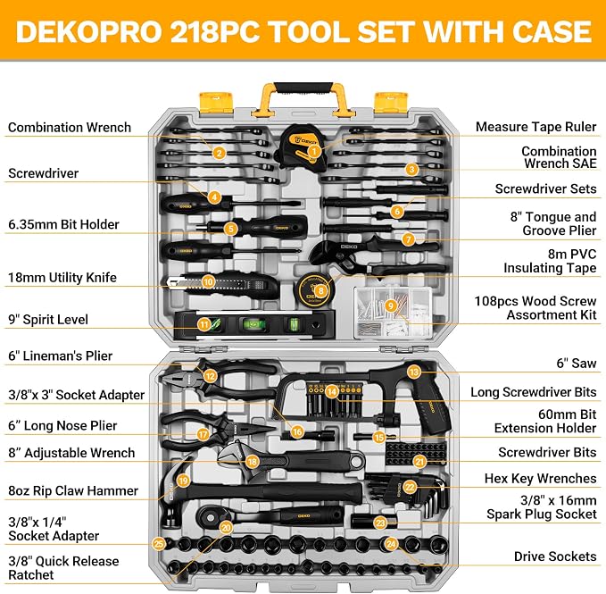 DEKOPRO 218-Piece General Household Hand Tool kit, Professional Auto Repair Tool Set for Homeowner, General Household Hand Tool Set with Plier, Screwdriver Set, Socket Set, with Portable Storage Case