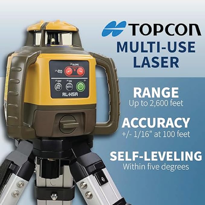Topcon RL-H5A Laser Transit Leveler Kit - LS-80X Rotary Laser Receiver with Rod Bracket - 36-60in Precision Level 360 Laser Tripod - 13ft Fiber Rod Level Tool with Tenth Increments for Construction