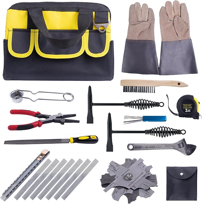 Welding Accessories Kit, 20-Piece Welding Tool Set with Storage Bag, Chipping Hammer, Leather Welding Gloves, Soapstone Holder, Wire Brush, Fillet Gauge, Pliers, Adjustable Wrench, Half-Round File
