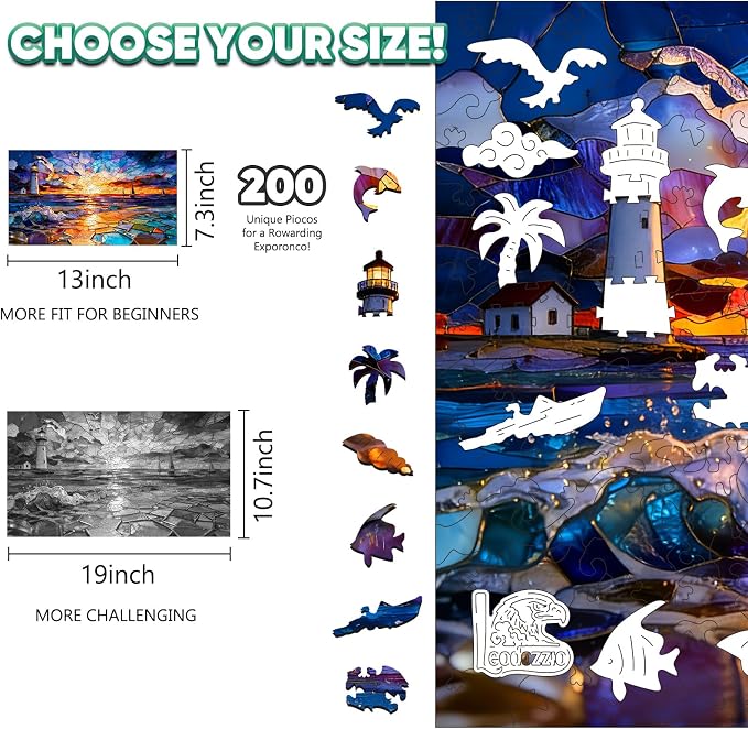 Leodozzio Wooden Puzzles for Adults, Sunset Lighthouse Jigsaw Puzzles 200 Pieces, 5MM Thick Unique Shaped Animal Wooden Puzzle, Perfect Choice Gift Wall Art Room & Artistic Home Decor, 7.3"x13"