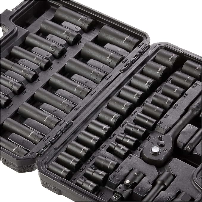 Amazon Basics 46-Piece 3/8-Inch Drive Socket Set with 6 & 12 Point Sockets, 72 Teeth Ratchet, SAE & Metric Sizes, Extension Bars, Universal Joint, Carrying Case
