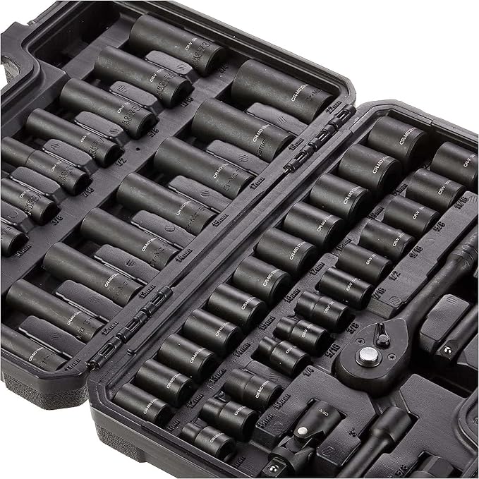 Amazon Basics 46-Piece 3/8-Inch Drive Socket Set with 6 & 12 Point Sockets, 72 Teeth Ratchet, SAE & Metric Sizes, Extension Bars, Universal Joint, Carrying Case (Pack of 2)