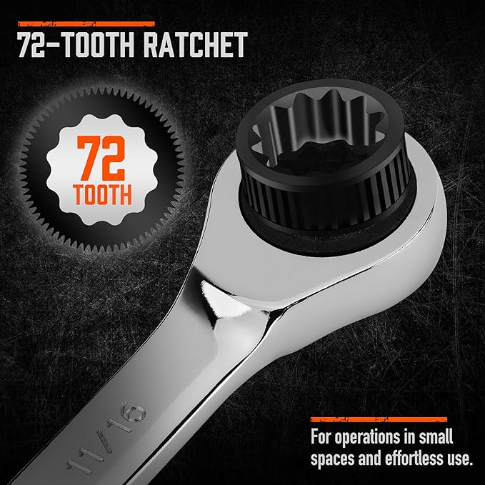 HORUSDY Combination Ratchet Wrenches Set with SAE | 8 Pieces Wrench Set with Wrench Organizer | 72-Tooth | 5° Swing Arc | 1/4" - 11/16" | Chrome Vanadium Steel