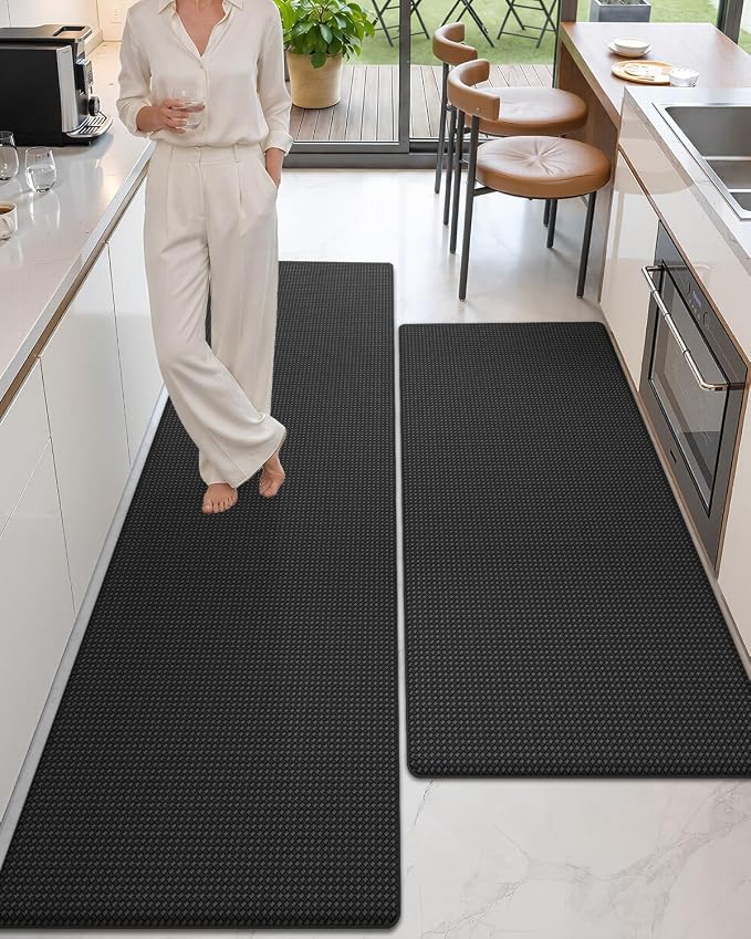 Color&Geometry Anti Fatigue Cushion Padded Kitchen Mat for Floor - 24x59+24x87,Easy Clean, Waterproof & Oil Proof, Anti Slip, Foam Rubber Runner Rug for Front Sink Comfort Standing, Black Set of 2