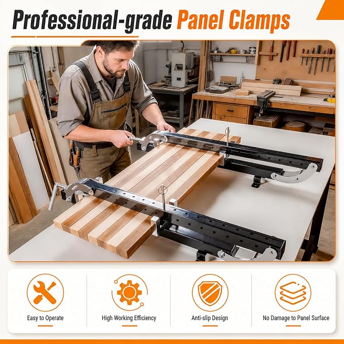 48" Panel Clamp 2 Pack with 2 U-Shaped Blocks, Fits Panels 6.8"-32" Length, 0.8" - 4.3" Thickness, Heavy Duty 4-Way Pressure Parallel Clamp with Powder-Coated Finish for Woodworking Projects